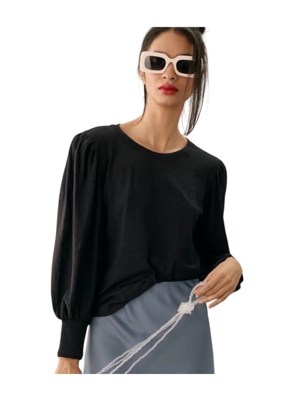 Nation LTD  Black Long Sleeve Puff Top Womens XS slub cotton light basic